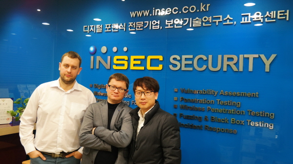 루솔루트는 인섹시큐리티와 손잡고 한국에서 메모리칩 기반 데이터 복구·디지털 포렌식 분석 솔루션 사업을 본격화한다. 사진은 사샤 쉐레메토브 루솔루트 CTO와 알렉스 데르쿤스키 CEO, 김종광 인섹시큐리티 대표(왼쪽부터).
