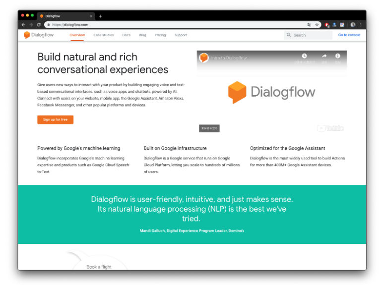 역시 구글이 인수한 api.ai 지금은 Dialogflow로 바뀌었습니다. 출처 = 