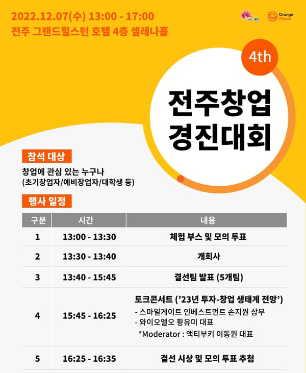 스마일게이트 오렌지플래닛, 제4회 전주창업경진대회 내달 7일 개최
