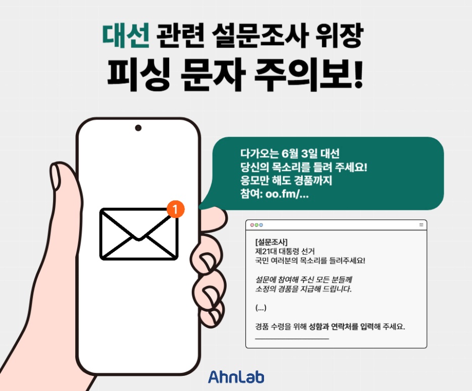 안랩, 대선 관련 설문조사로 위장한 피싱 문자 주의 당부