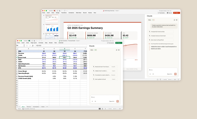 클로드는 엑셀과 파워포인트 간에 컨텍스트를 전달하고, 일련의 워크플로우에서 최신성을 자동으로 유지한다.